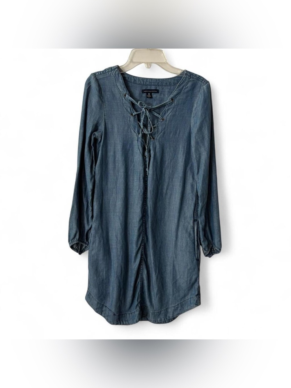 American Eagle Outfitters Light Denim Chambray Lace-Up Dress